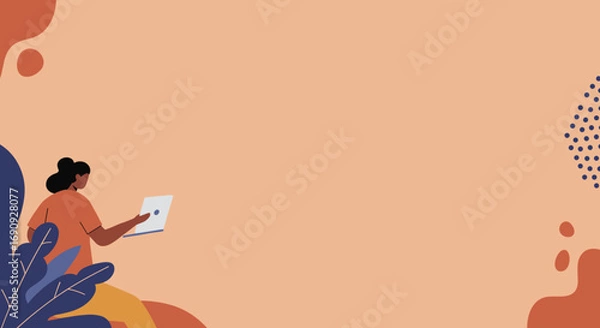 Fototapeta Illustration of a person working or learning remotely with a laptop against an abstract, artistic background. Represents productivity, digital lifestyle, and online education concepts.