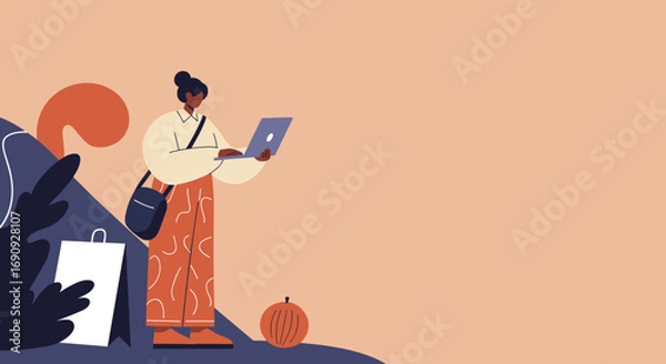 Fototapeta Modern woman using laptop for online shopping or remote work, embodying digital lifestyle and technology integration. Ideal for business and e-commerce concepts.