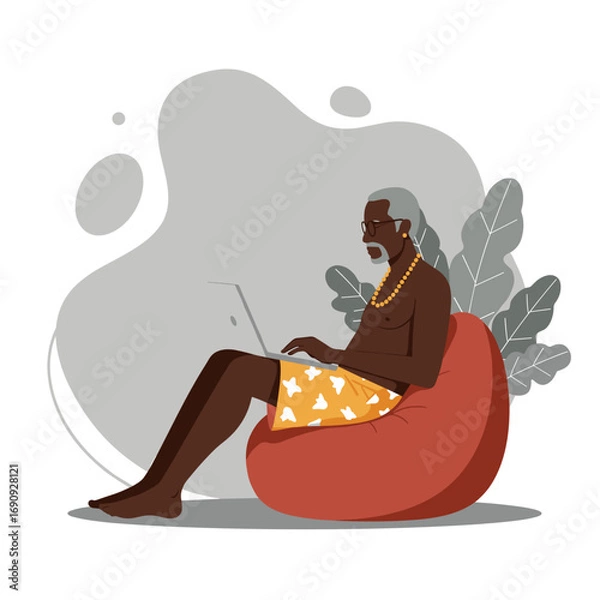 Fototapeta Elderly Black man enjoying remote work or leisure on a laptop while relaxing comfortably in a bean bag chair. Ideal for travel, lifestyle, or technology concepts.