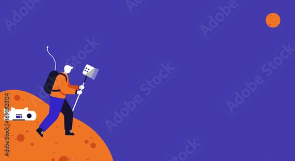 Fototapeta A stylized astronaut explores a new planet, possibly Mars, holding a surveying flag. Represents discovery, future, and scientific exploration.