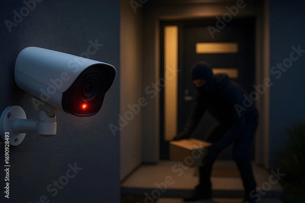 Fototapeta Security camera detecting package theft at doorstep
