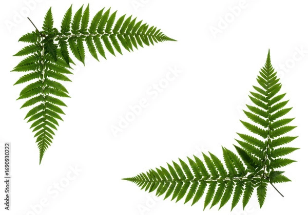 Fototapeta Two botanical fern branches placed in opposite corners, decorative natural framing element for eco or nature-themed designs.
