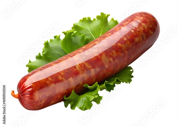 Fototapeta Closeup of smoked beef and pork sausages on a white background, perfect for a tasty gourmet meal