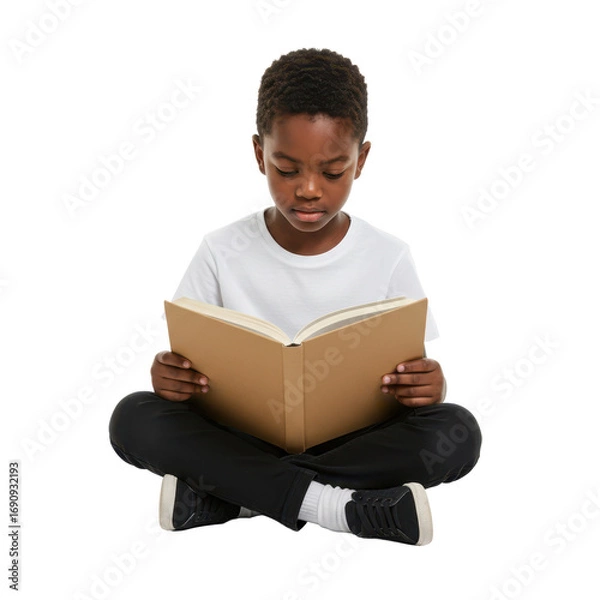 Fototapeta Young boy in casual clothes sits cross-legged reading a book, isolated on white background. Focused learning and education concept.
