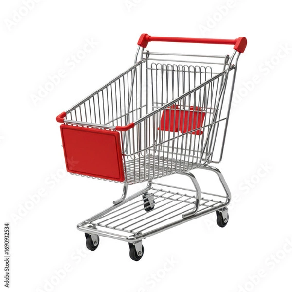 Fototapeta Isolated view of an empty metal shopping cart with red accents, ideal for retail, commerce, or grocery store concepts.
