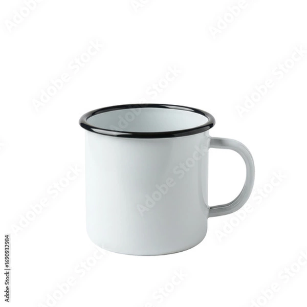 Fototapeta Simple white enamel mug with a black rim and handle, isolated on white background, perfect for rustic or camping themes.
