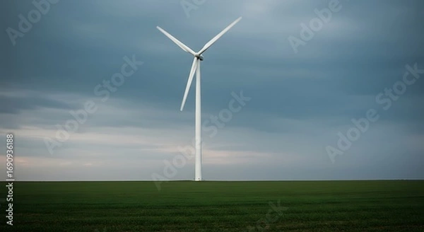 Fototapeta A solitary wind turbine stands tall in a vast green field under a dramatic, cloudy sky, symbolizing the future of sustainable energy