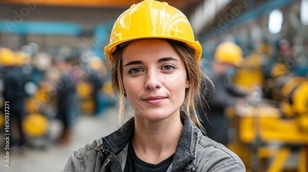 Fototapeta Confident female factory worker wearing yellow hardhat standing in busy manufacturing setting looking at camera smiling professionally