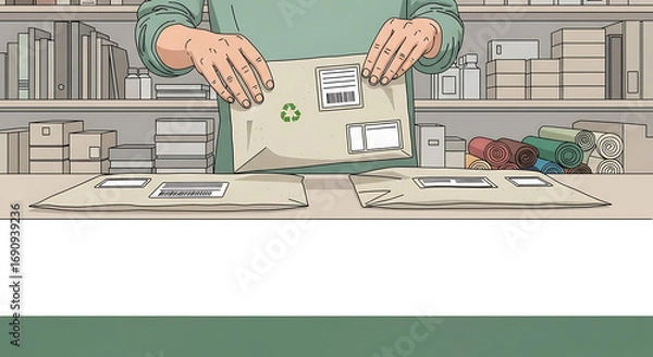 Fototapeta Illustration of a small business owner preparing a recyclable package for e-commerce shipping