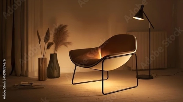 Obraz Cozy reading nook featuring a contemporary armchair and warm ambient lighting, creating a tranquil and inviting home interior space