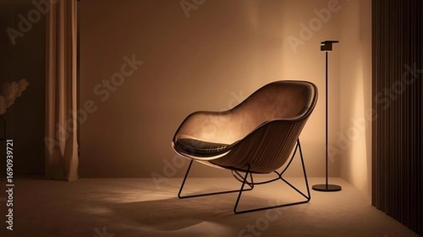 Obraz An elegant contemporary lounge chair sits in a minimalist room, illuminated by a warm floor lamp for a serene and luxurious ambiance
