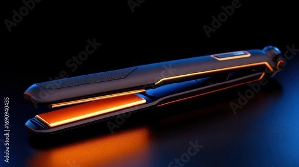 Fototapeta Sleek modern hair straightener with illuminated features on a dark reflective surface, showcasing design elegance