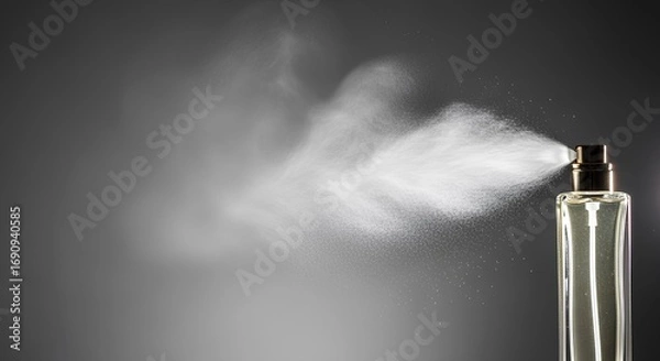 Fototapeta Dynamic spray of a luxury fragrance from an elegant glass bottle, creating a fine mist of scent particles on a dark background