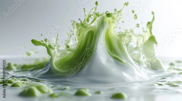 Fototapeta A captivating image showcasing a vibrant green liquid splash, creating dynamic wave forms and droplets, symbolizing freshness and energy in motion.