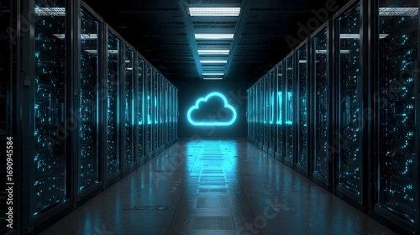 Fototapeta Data center cloud computing modern servers reflecting blue glowing cloud innovation and architecture for business.