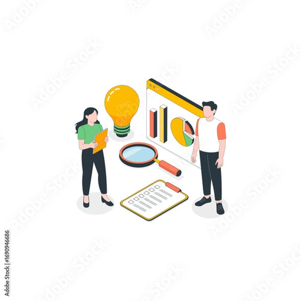 Fototapeta Business data analysis and creative ideas are illustrated with woman holding tablet, man, light bulb, charts, magnifying glass, and checklist, symbolizing teamwork and innovation
