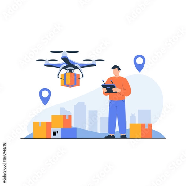 Fototapeta Person operates drone delivery service, showcasing drone carrying package. scene includes boxes and location markers, set against cityscape background, highlighting modern logistics