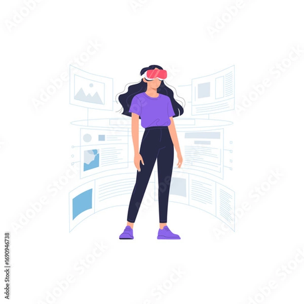 Fototapeta Woman wearing virtual reality headset stands immersed digital environment, surrounded by floating screens displaying various content. illustration conveys sense of futuristic technology