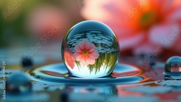 Fototapeta flower in the water, crystal ball and flower, Ultra clear macro shot of water drops refracting vibrant, water drops on a glass , drops of water on glass , drops of water , easter eggs and glass of cha
