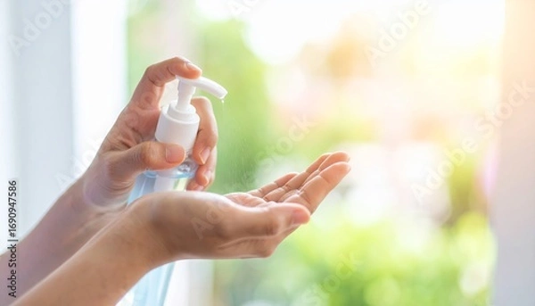 Fototapeta Hand sanitizer application home instructional image bright environment close-up hygiene awareness