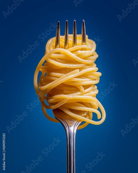 Obraz 
a fork with plain spaghetti, no sauce, no garnish vivid deep blue background, hyper-detailed, ultra-realistic studio lighting, professional food photography style, high-end advertising look, shot wit