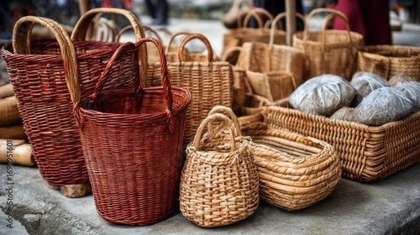 Obraz Assorted wicker baskets displayed on market stall rustic handmade storage composition background