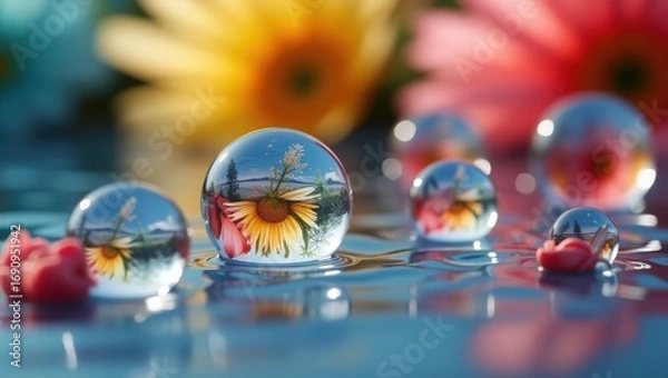 Fototapeta flower in the water, crystal ball and flower, Ultra clear macro shot of water drops refracting vibrant, water drops on a glass , drops of water on glass , drops of water , easter eggs and glass of cha