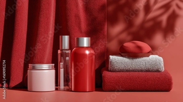Fototapeta Red background towels bottles cosmetics arranged spa wellness beauty composition