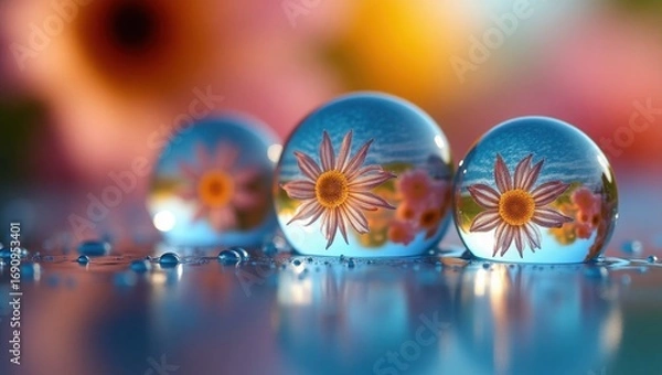 Fototapeta crystal ball and flower, Ultra clear macro shot of water drops refracting vibrant, water drops on a glass , drops of water on glass , drops of water , easter eggs and glass of champagne , colorglass 