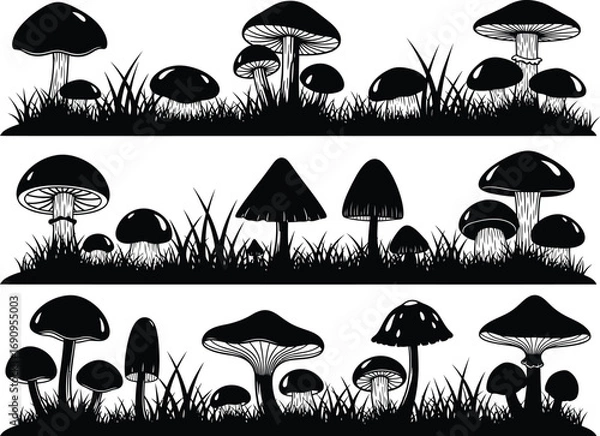 Fototapeta Silhouettes of various mushrooms and grass in three horizontal rows against a white background