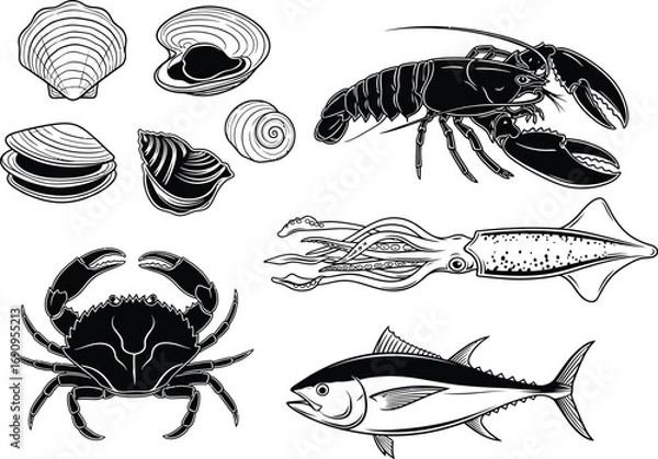 Fototapeta Collection of black and white illustrations of seafood including lobster crab fish and shellfish