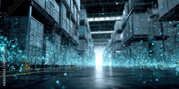 Fototapeta Warehouse interior with digital particles