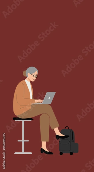Fototapeta Elderly woman uses a laptop while sitting, with a rolling backpack nearby, symbolizing modern senior travel, digital work, and active retirement.