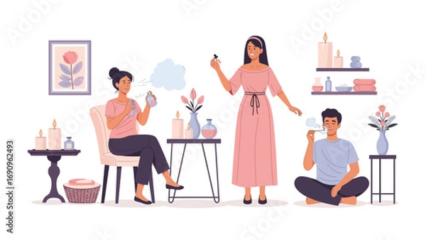 Fototapeta Diverse group of people enjoying self care and beauty treatments with skincare products and fragrances in a bright modern room