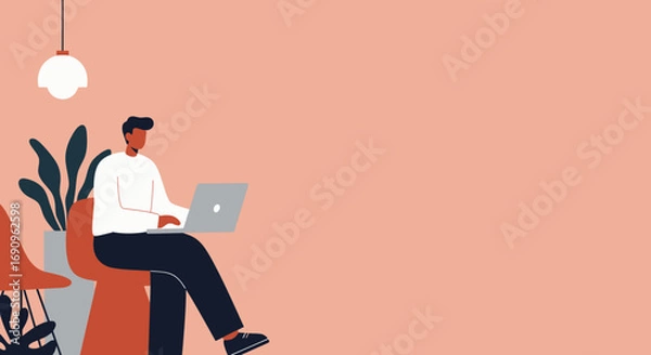 Fototapeta Man working on a laptop in a modern, minimalist office or co-working space, ideal for business, technology, or remote work concepts.