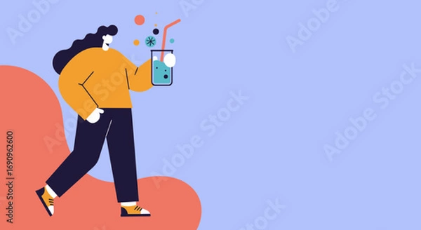 Fototapeta Stylized illustration of a happy person walking and enjoying a refreshing drink. Represents leisure, summer, and a joyful lifestyle. Ideal for web, ads, or design.