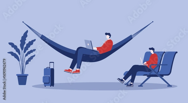 Fototapeta Two men engaged in remote work using laptops, one comfortably in a hammock and the other on a bench. Represents modern flexible work-life balance and digital nomad lifestyle with ease.