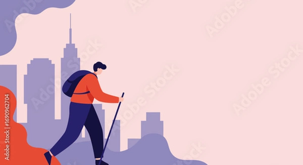 Fototapeta Adventurous person with a backpack and walking stick navigates an urban landscape. Ideal for travel, exploration, or daily city journey concepts.