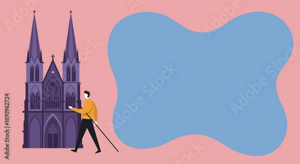 Fototapeta A person walks past a grand Gothic cathedral, exploring history and architecture. Ideal for travel, cultural, or religious content with copy space.