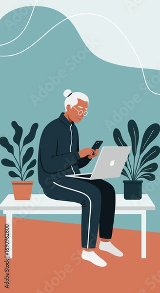 Fototapeta Older adult actively using a laptop and smartphone, showcasing digital literacy, modern lifestyle, and connectivity for business, learning, or leisure.