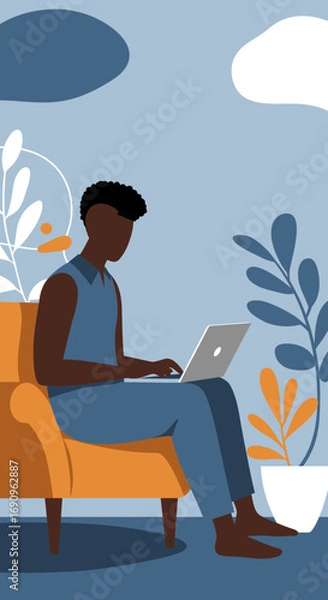 Fototapeta A person of color works or studies remotely on a laptop from the comfort of their home, highlighting modern digital lifestyle and flexibility.