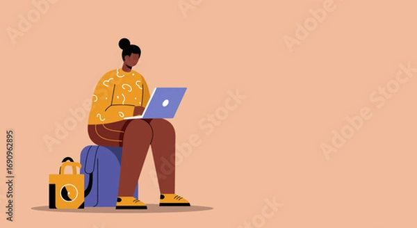 Fototapeta Person working remotely on a laptop while traveling, embodying a digital nomad lifestyle with luggage. Ideal for business, travel, and modern work concepts.