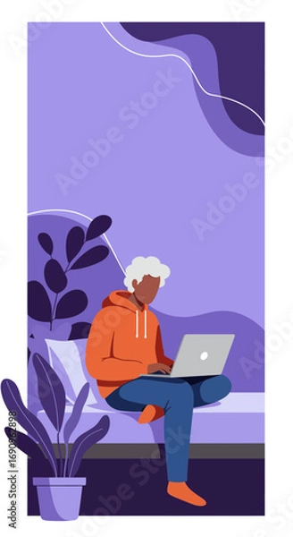 Fototapeta Person working remotely from home on a laptop, emphasizing modern flexible work, comfort, and digital lifestyle. Ideal for business, education, or technology concepts.