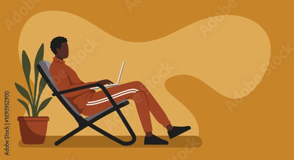 Fototapeta Person working remotely from a comfortable chair with a laptop, embodying flexible work-life balance and digital nomad lifestyle.