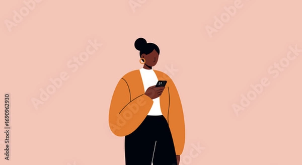 Fototapeta Illustrated woman using a smartphone, symbolizing modern communication, digital lifestyle, and connectivity. Perfect for business, technology, or social media concepts.