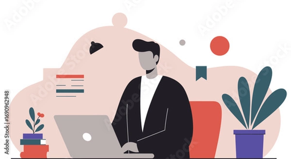 Fototapeta Professional working remotely on a laptop, engaging in online communication or business tasks from a modern home office setting. Productivity and digital collaboration.