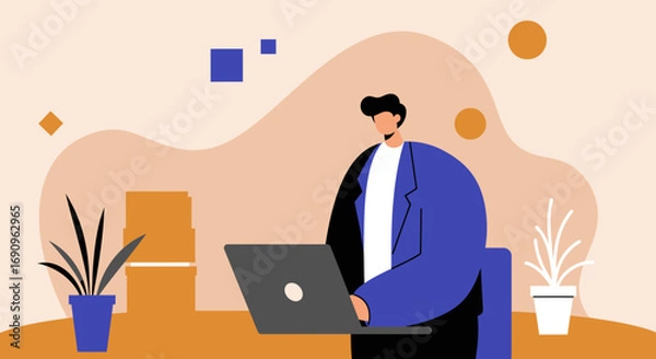 Fototapeta Focused professional man actively working on his laptop in a contemporary office setting, representing online business, remote collaboration, and digital productivity.