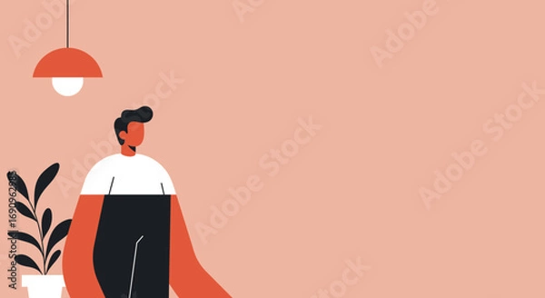 Fototapeta Modern minimalist vector illustration of a person in a contemporary home or office setting. Ideal for themes of lifestyle, work, creativity, or personal well-being.