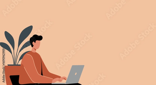 Fototapeta Man working diligently on laptop at home or remote office, reflecting productivity, online collaboration, and modern digital lifestyle. Ideal for business and technology themes.