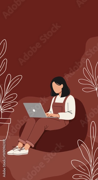 Fototapeta A young woman comfortably works on her laptop from a cozy home setting, embodying remote work, online learning, and relaxed productivity. Ideal for lifestyle and business concepts.